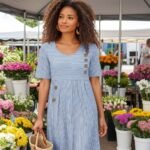 Robe Midi Rayée Décontractée à Manches 3/4 et Col Rond – Image 2