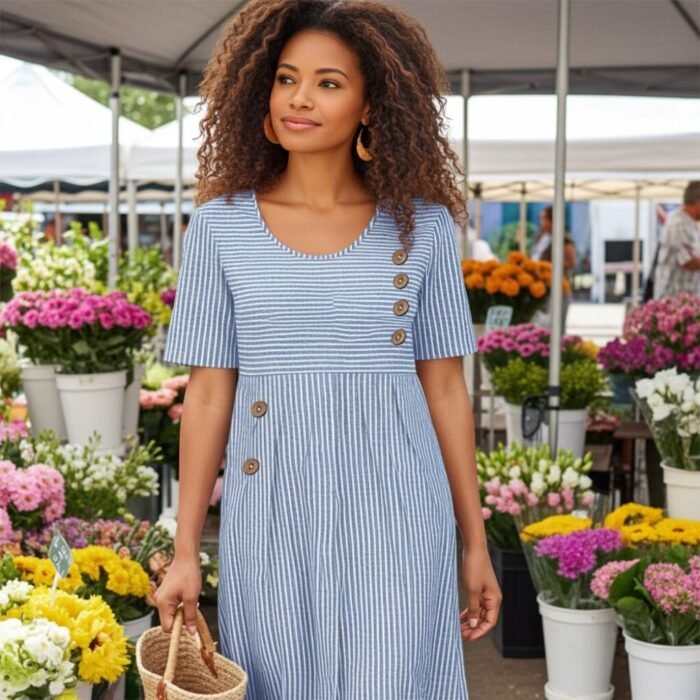 Robe Midi Rayée Décontractée à Manches 3/4 et Col Rond – Image 2