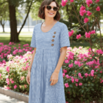 Robe Midi Rayée Décontractée à Manches 3/4 et Col Rond