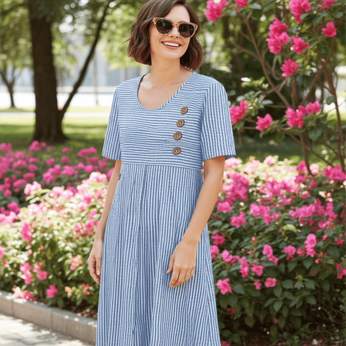 Robe Midi Rayée Décontractée à Manches 3/4 et Col Rond – Image 1