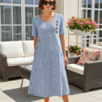 Robe Midi Rayée Décontractée à Manches 3/4 et Col Rond – Image 4