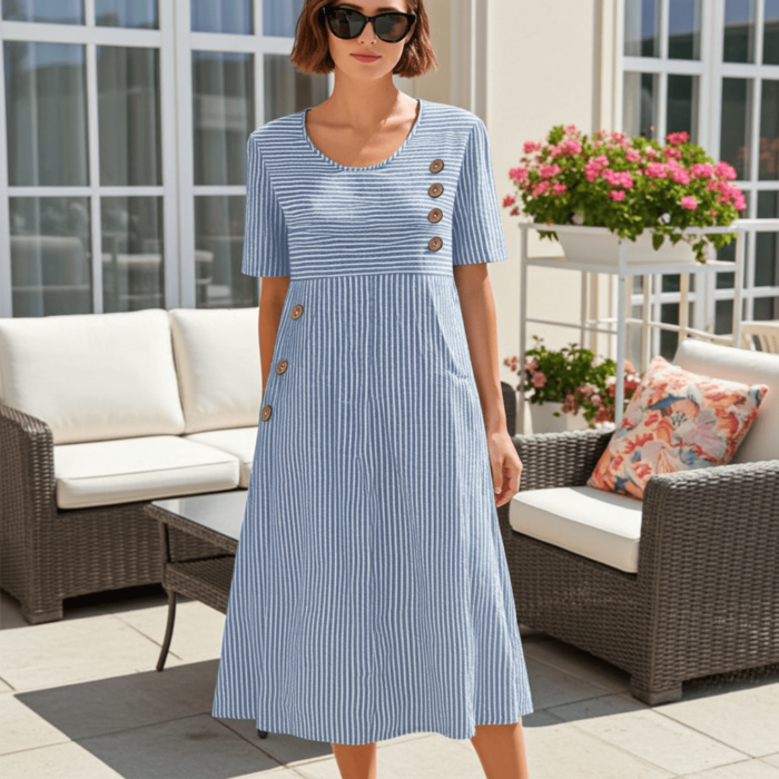 Robe Midi Rayée Décontractée à Manches 3/4 et Col Rond – Image 4