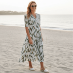 Robe Midi à Imprimé Feuilles – Col V et Manches Mi-longues – Image 10