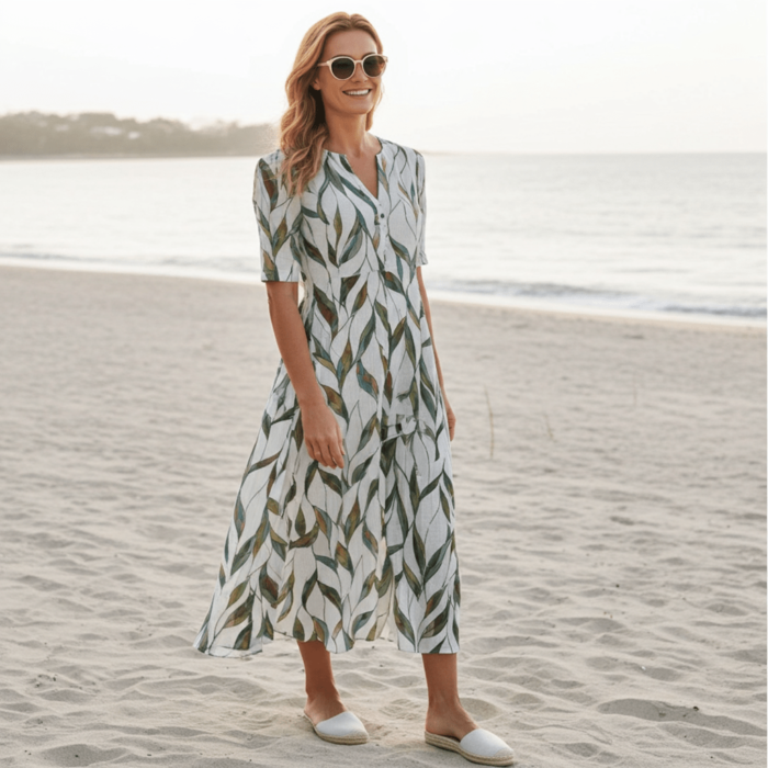 Robe Midi à Imprimé Feuilles – Col V et Manches Mi-longues – Image 10