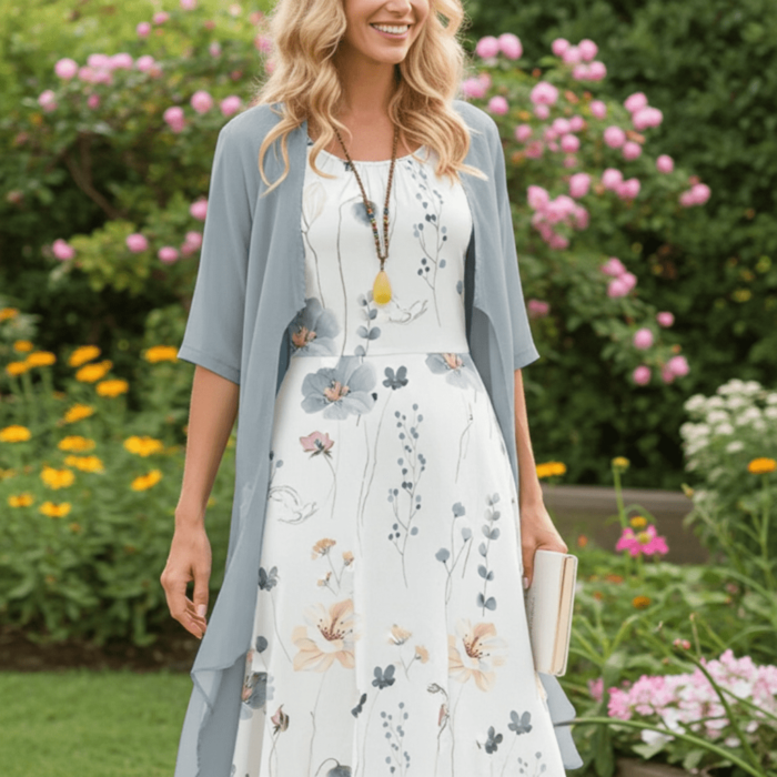 Robe Midi Deux Pièces à Fleurs – Col Rond et Manches Mi-longues – Image 1