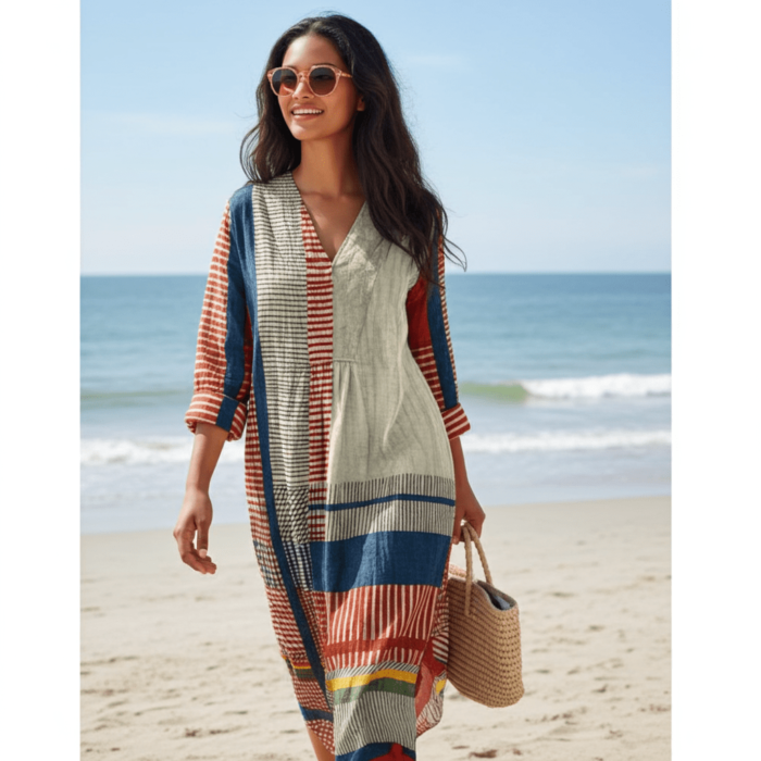 Robe Vintage à Imprimé Géométrique Linéaire - Col V et Manches Longues – Image 2