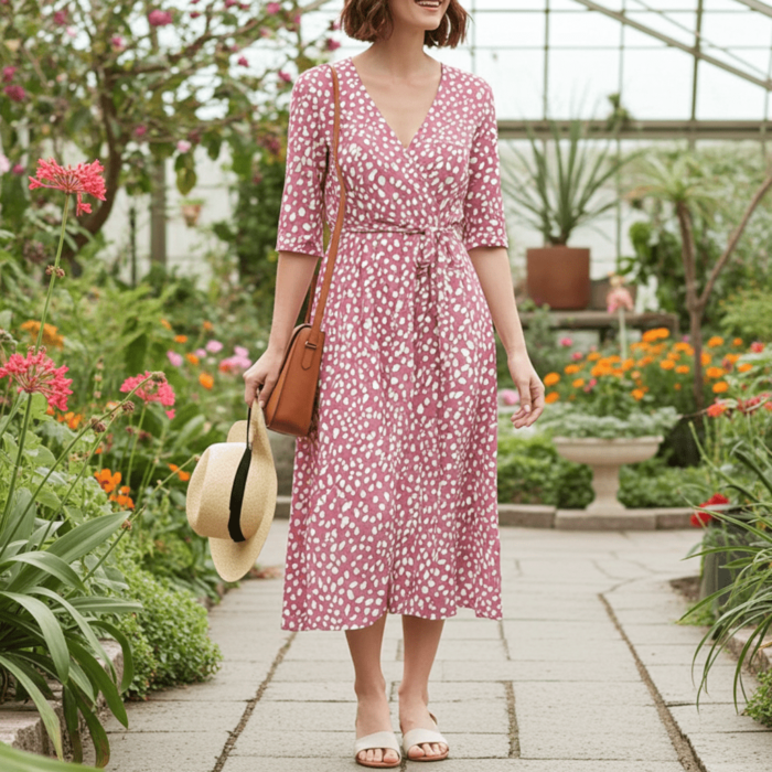 Robe d'été rose à manches courtes, col en V et poches latérales – Image 1