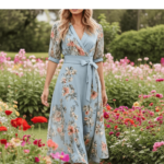 Robe Midi Bleu à Manches Courtes et Col en V