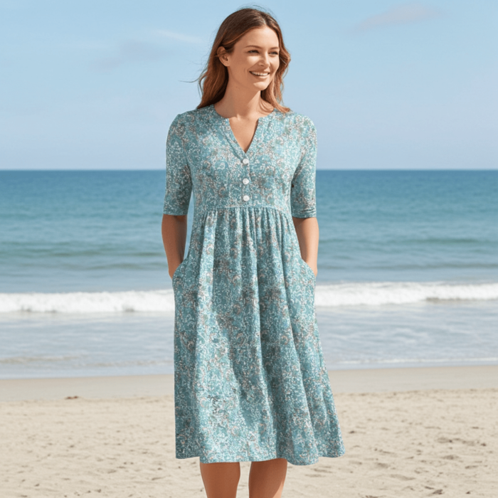 Robe Midi Décontractée à Fleurs – Col V, Coupe Ample et Manches Mi-longues – Image 1