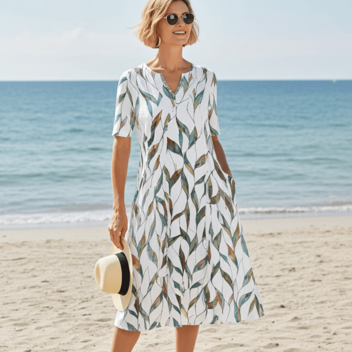 Robe Midi à Imprimé Feuilles – Col V et Manches Mi-longues – Image 2