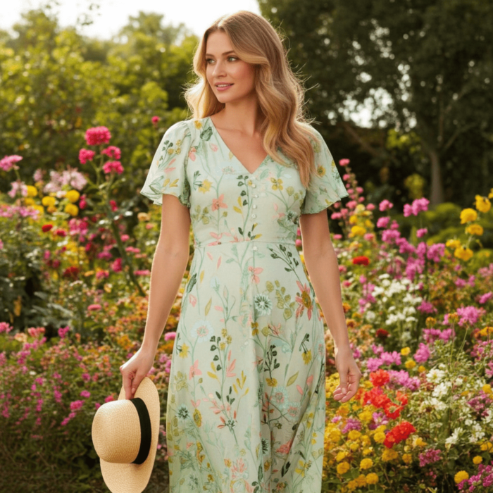 Robe Longue à Volants – Col V et Imprimé Floral Vert Clair – Image 2