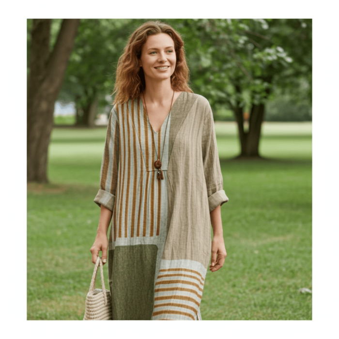Robe en Coton à Manches Longues – Col V et Imprimé Artistique Abstrait – Image 2