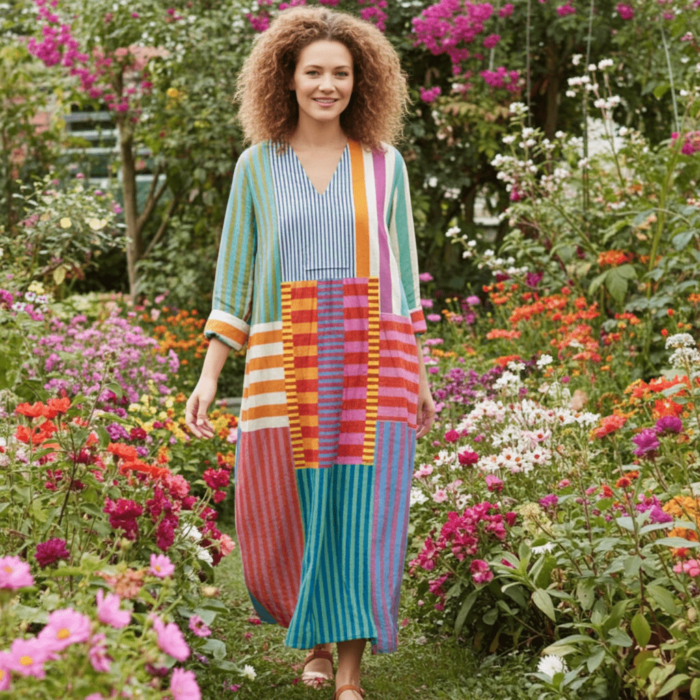 Robe Vintage à Manches Longues – Col V et Imprimé Artistique à Motifs Géométriques – Image 2