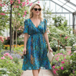 Robe Midi Spéciale Bleu à Manches Courtes et Col en V – Image 3