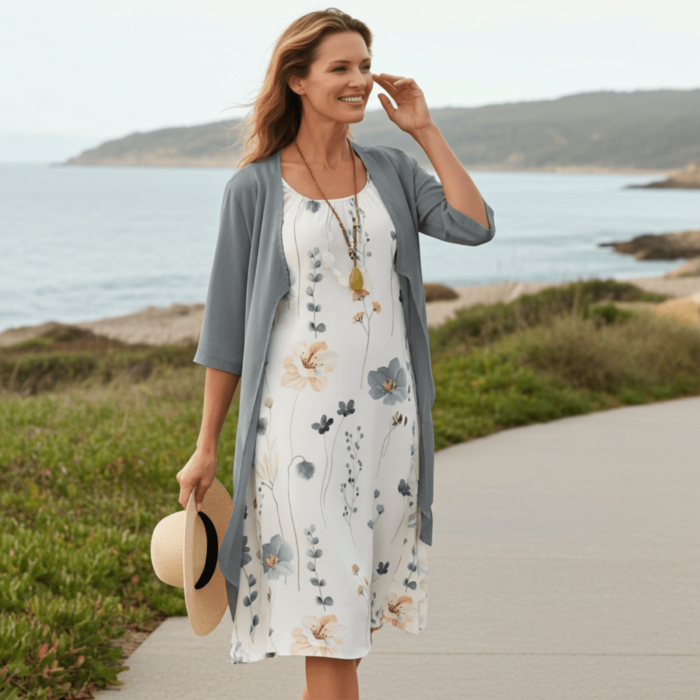 Robe Midi Deux Pièces à Fleurs – Col Rond et Manches Mi-longues – Image 3