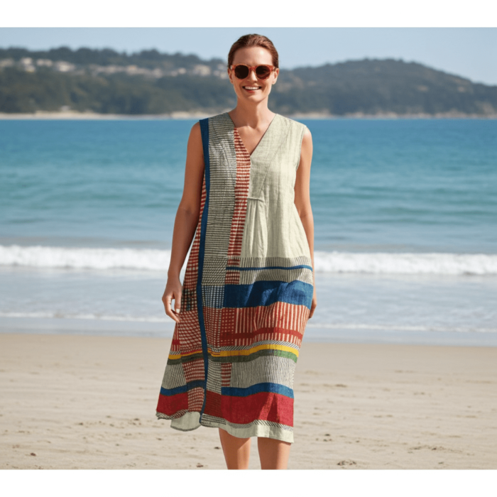 Robe Vintage à Imprimé Géométrique Linéaire - Col V et Manches Longues – Image 3