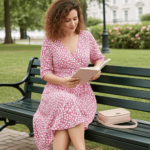 Robe d'été rose à manches courtes, col en V et poches latérales – Image 3