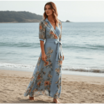 Robe Midi Bleu à Manches Courtes et Col en V – Image 3
