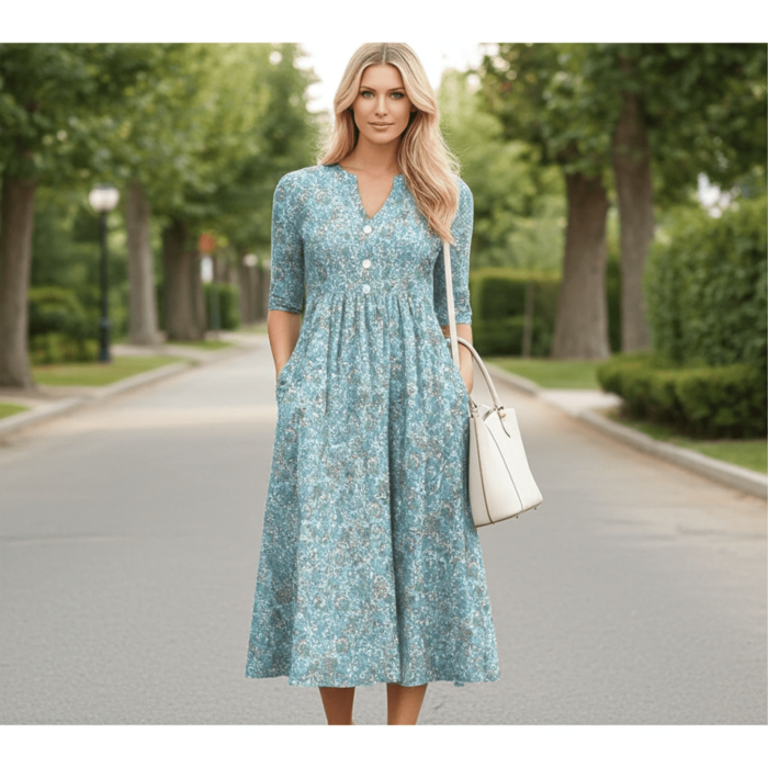 Robe Midi Décontractée à Fleurs – Col V, Coupe Ample et Manches Mi-longues – Image 3