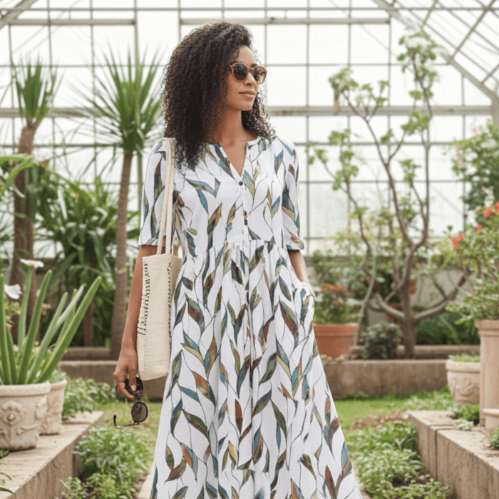 Robe Midi à Imprimé Feuilles – Col V et Manches Mi-longues – Image 3