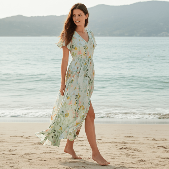 Robe Longue à Volants – Col V et Imprimé Floral Vert Clair – Image 3