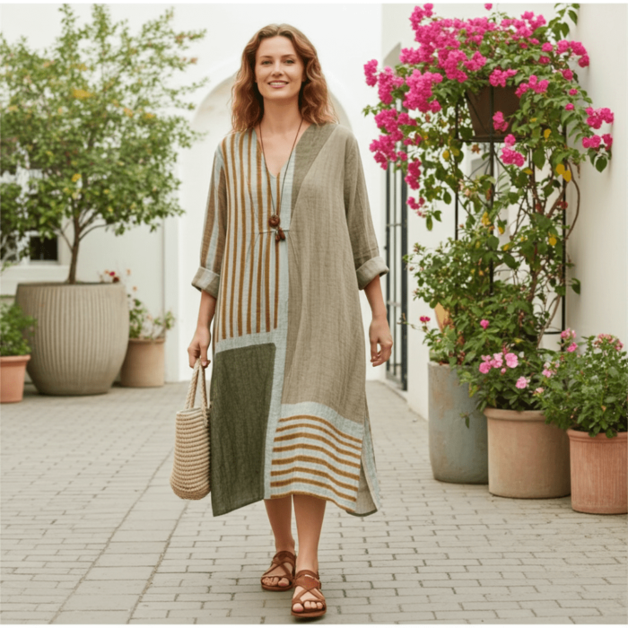 Robe en Coton à Manches Longues – Col V et Imprimé Artistique Abstrait – Image 3