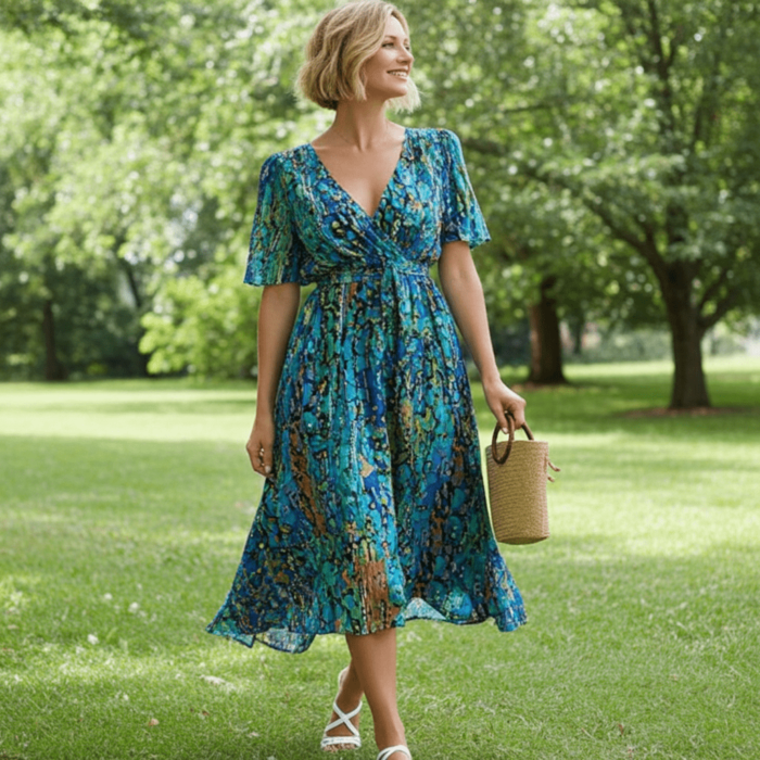 Robe Midi Spéciale Bleu à Manches Courtes et Col en V – Image 4