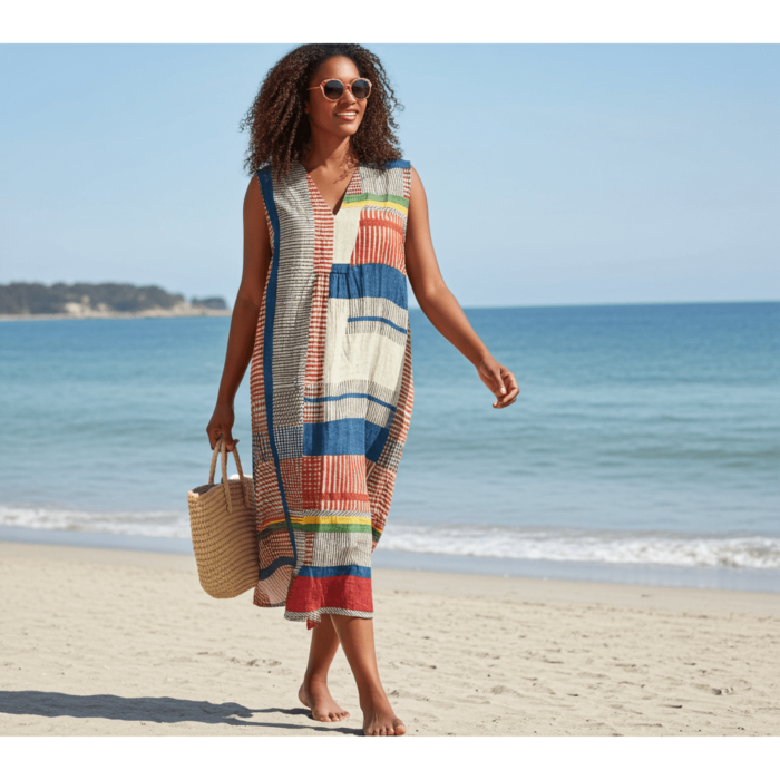 Robe Vintage à Imprimé Géométrique Linéaire - Col V et Manches Longues – Image 4