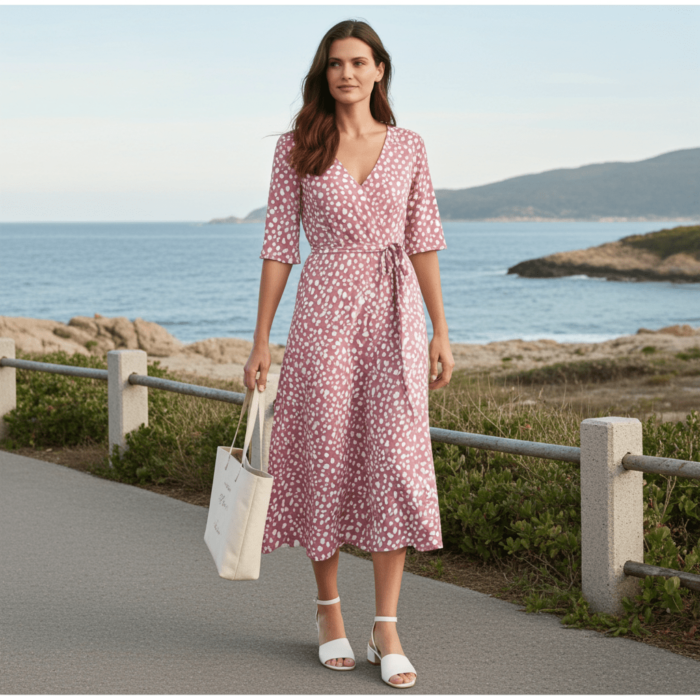 Robe d'été rose à manches courtes, col en V et poches latérales – Image 4