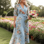 Robe Midi Bleu à Manches Courtes et Col en V – Image 4