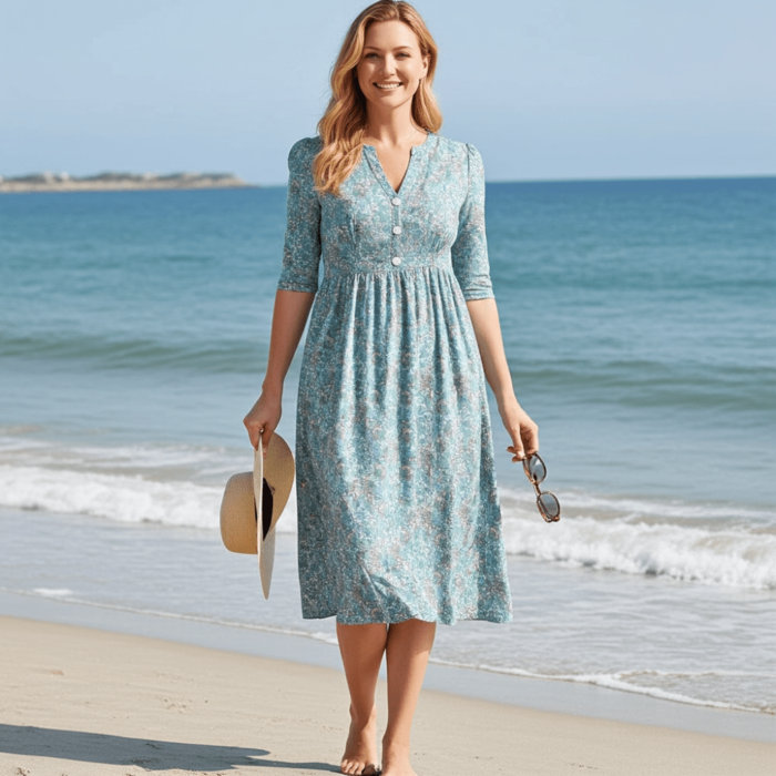 Robe Midi Décontractée à Fleurs – Col V, Coupe Ample et Manches Mi-longues – Image 4