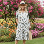 Robe Midi à Imprimé Feuilles – Col V et Manches Mi-longues – Image 4