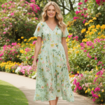 Robe Longue à Volants – Col V et Imprimé Floral Vert Clair