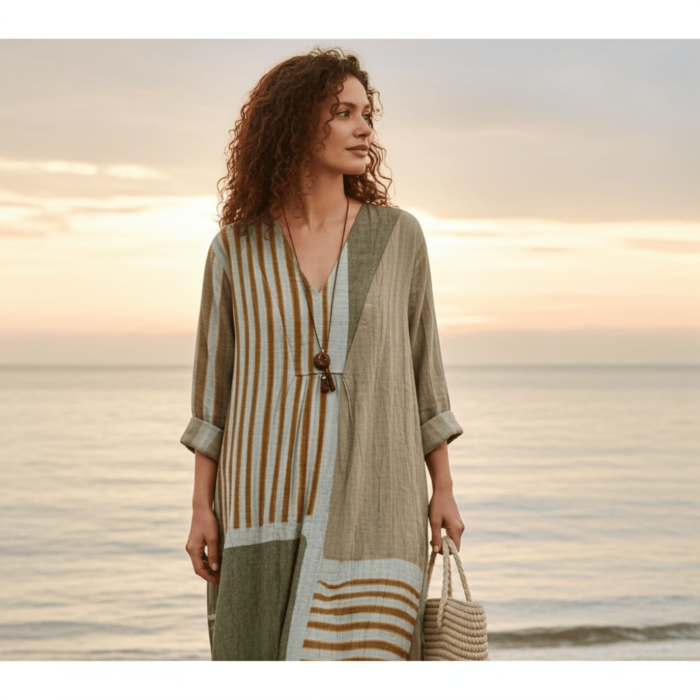 Robe en Coton à Manches Longues – Col V et Imprimé Artistique Abstrait – Image 4