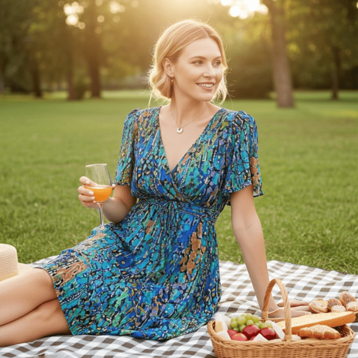 Robe Midi Spéciale Bleu à Manches Courtes et Col en V – Image 5