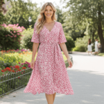 Robe d'été rose à manches courtes, col en V et poches latérales – Image 5