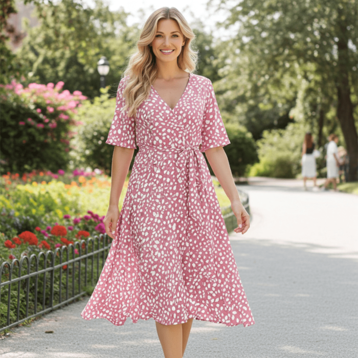 Robe d'été rose à manches courtes, col en V et poches latérales – Image 5