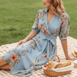 Robe Midi Bleu à Manches Courtes et Col en V – Image 5