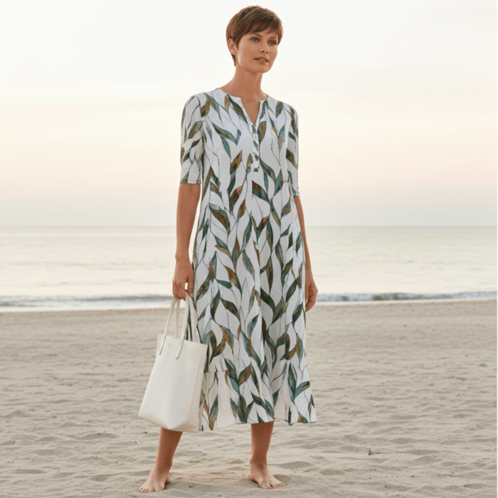 Robe Midi à Imprimé Feuilles – Col V et Manches Mi-longues – Image 5
