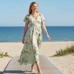 Robe Longue à Volants – Col V et Imprimé Floral Vert Clair – Image 5