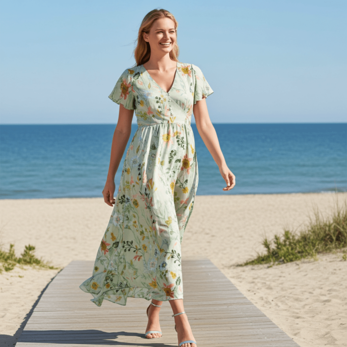 Robe Longue à Volants – Col V et Imprimé Floral Vert Clair – Image 5