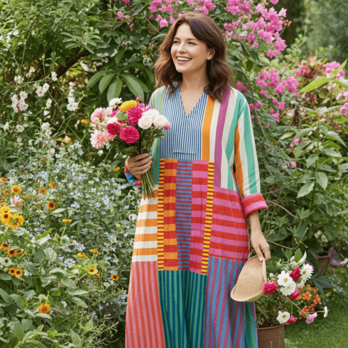 Robe Vintage à Manches Longues – Col V et Imprimé Artistique à Motifs Géométriques – Image 5