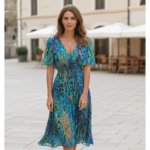 Robe Midi Spéciale Bleu à Manches Courtes et Col en V – Image 6