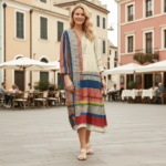 Robe Vintage à Imprimé Géométrique Linéaire - Col V et Manches Longues – Image 6
