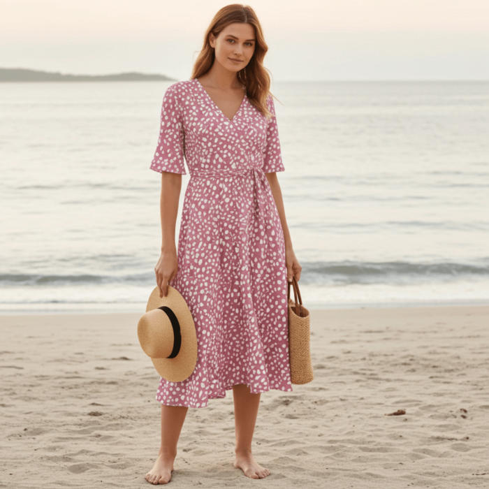 Robe d'été rose à manches courtes, col en V et poches latérales – Image 6