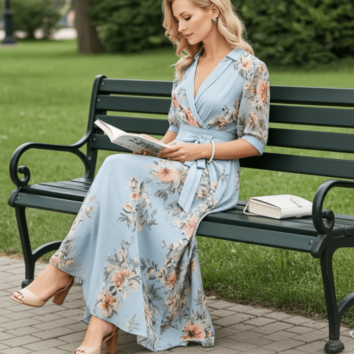Robe Midi Bleu à Manches Courtes et Col en V – Image 6