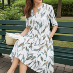 Robe Midi à Imprimé Feuilles – Col V et Manches Mi-longues – Image 6