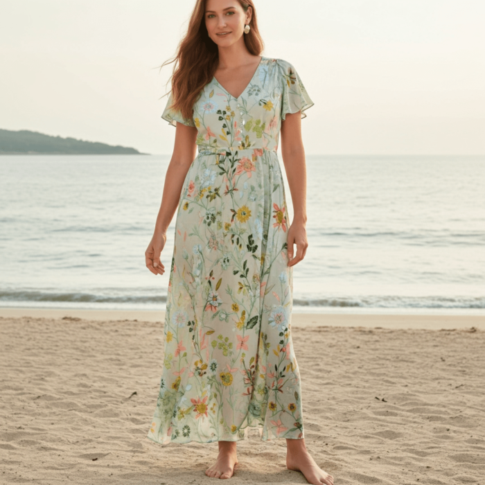 Robe Longue à Volants – Col V et Imprimé Floral Vert Clair – Image 6