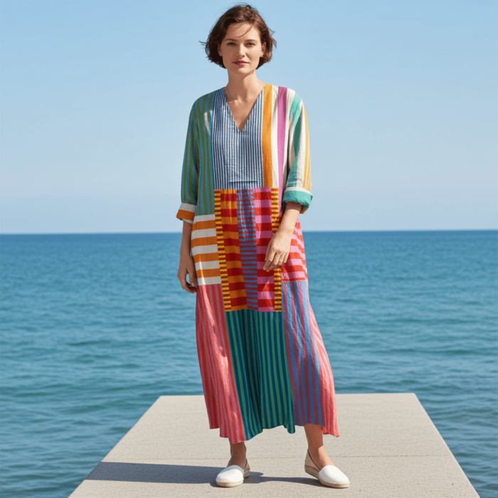Robe Vintage à Manches Longues – Col V et Imprimé Artistique à Motifs Géométriques – Image 6