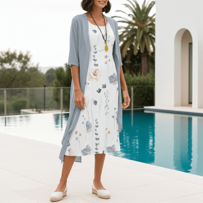 Robe Midi Deux Pièces à Fleurs – Col Rond et Manches Mi-longues – Image 6